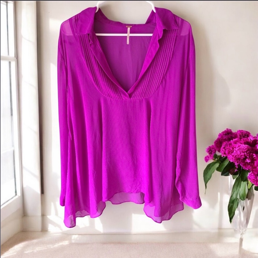 🌸 Free People Sheer Floral Top – Size Large, Purple Boho Beauty 🌸 - Picture 3 of 4